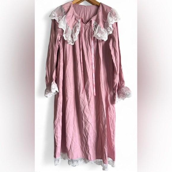 Pink White Lace Collar Coquette Girl Cottagecore Long Sleeve Nightgown Sleepwear - Picture 1 of 9